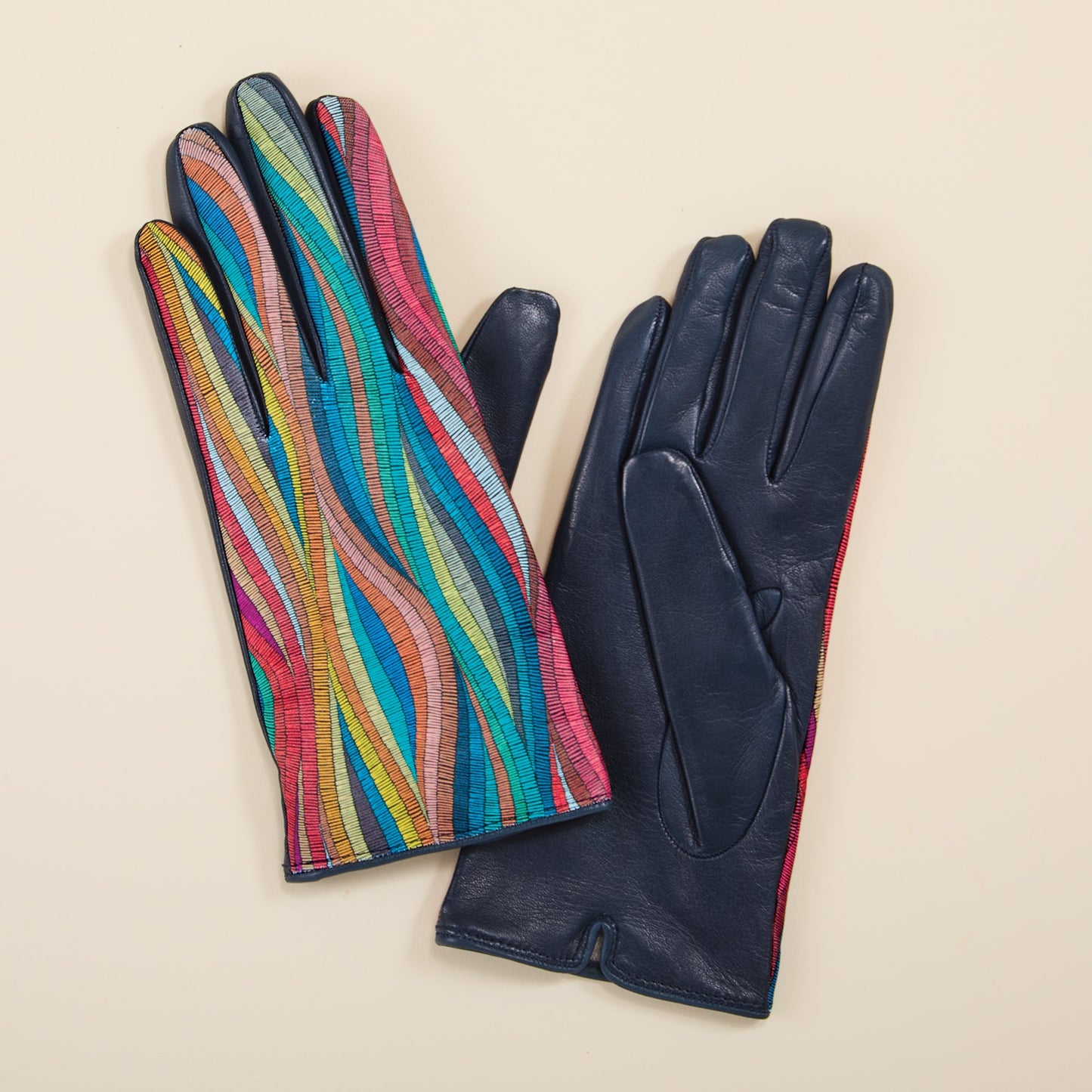 Cashmere Lined Retro Striped Leather Gloves