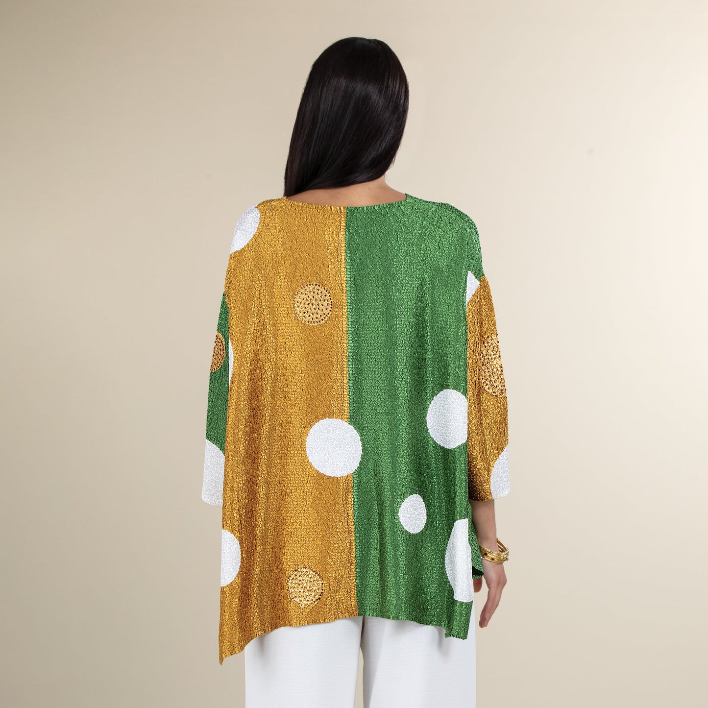 White Dots On Green & Gold Metallic Color Blocks Crinkle Tunic (Preorder)