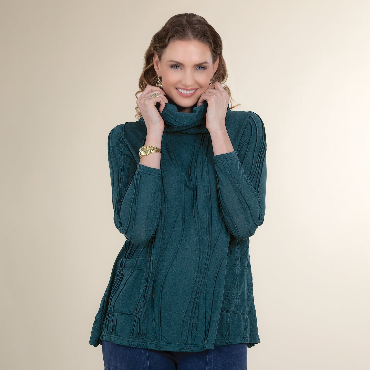 Teal Textured Cowl Neck Tunic