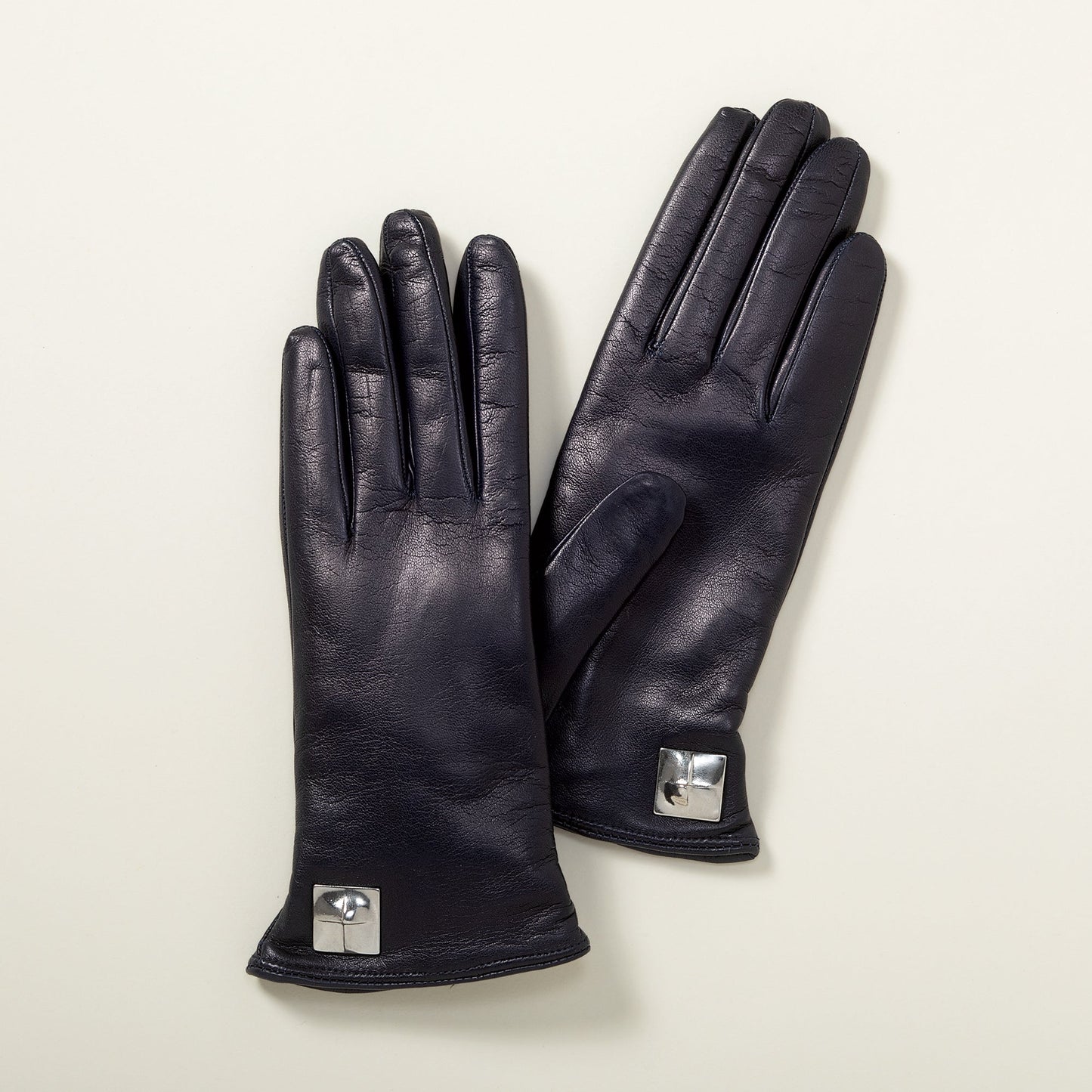 Cashmere Lined Metal Accent Black Leather Gloves