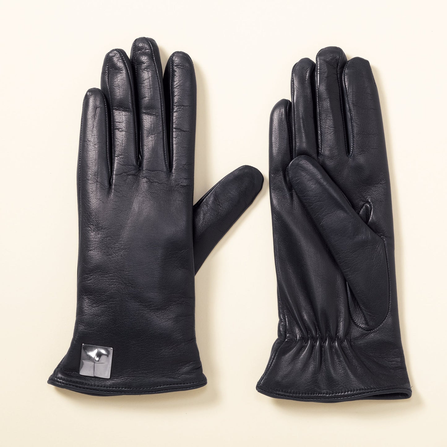Cashmere Lined Metal Accent Black Leather Gloves