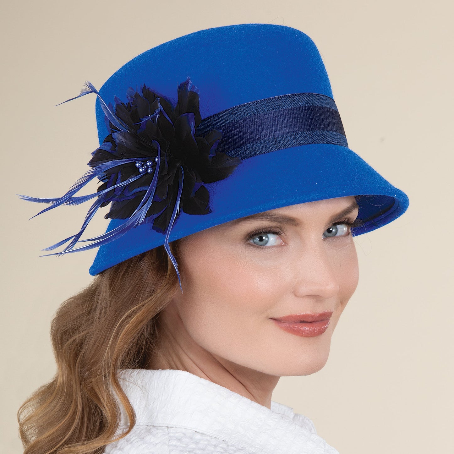 Brigitta Cobalt Wool Feather Cloche